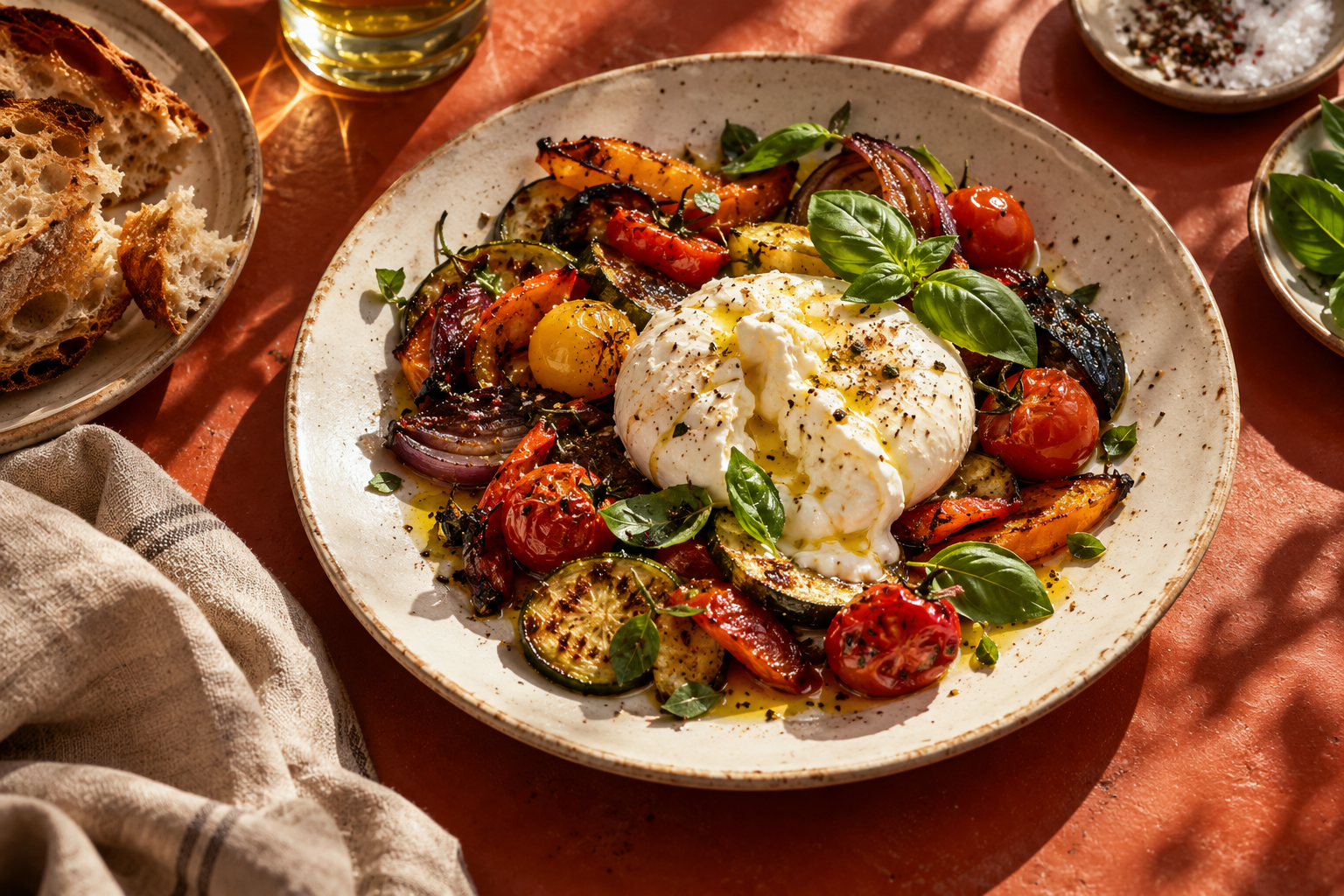 Burrata with roasted vegetables, basil and sourdough